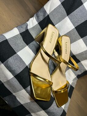 Leevar Metallic Gold Square-Toe Low Heel Sandals for Women